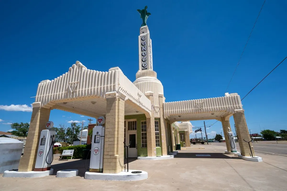 The Art Deco Conoco Tower Gas Station in Shamrock, TX.